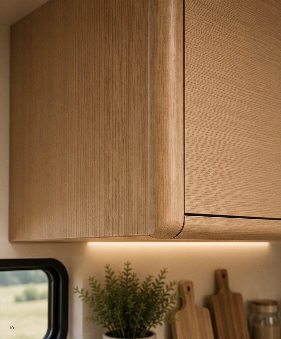 Soft corner transition of a caravan wall cabinet built with NAV•Arc